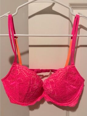 PINK Victoria's Secret Neon Pink Lace Underwire Bra with Orange Accent Straps